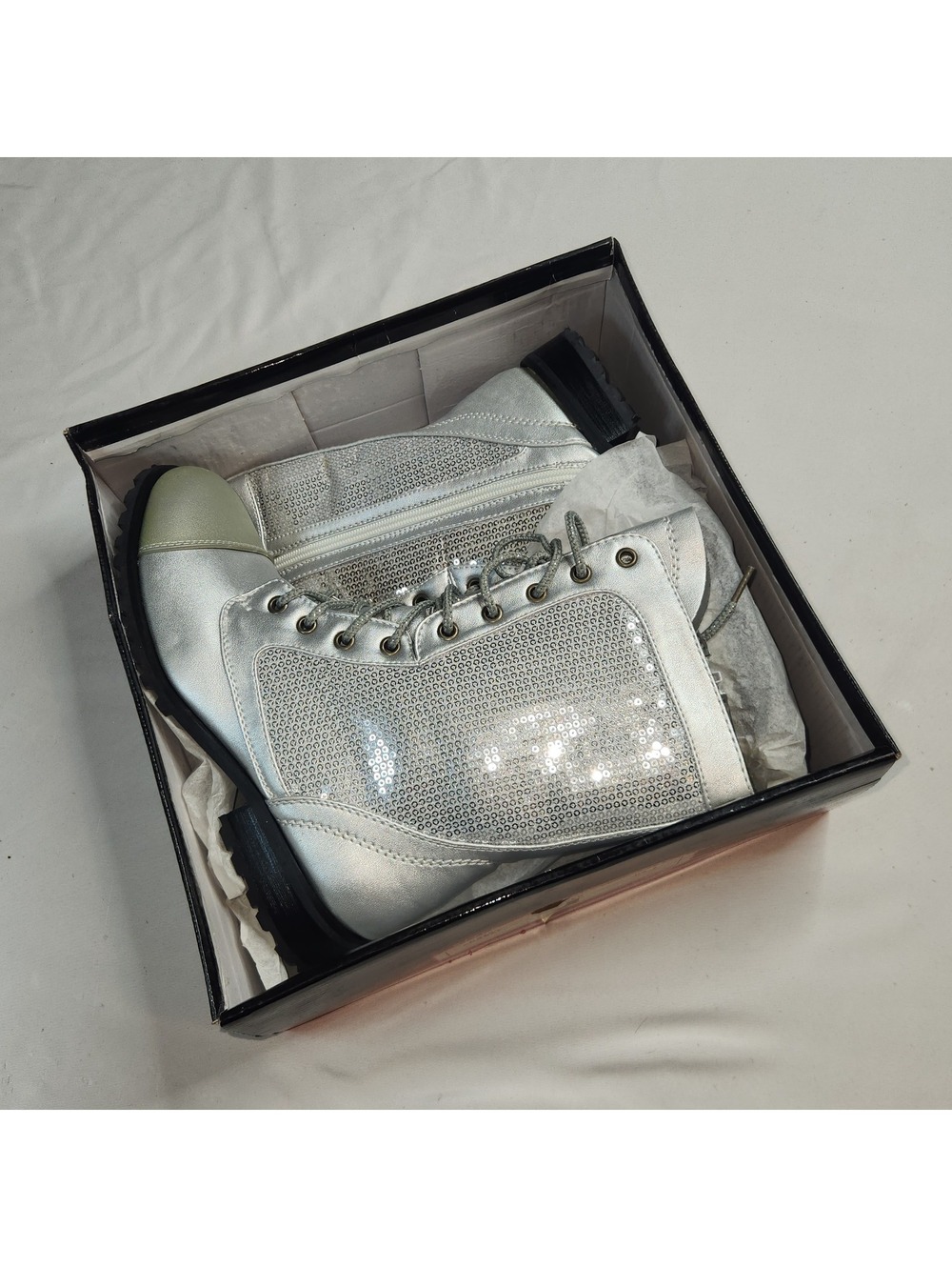 Gio-Mia silver sequin combat boots